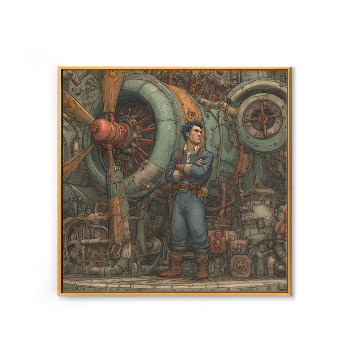 Steampunk Airship Mechanic By Giant Engine Framed Canvas Print, Industrial Sci Fi Wall Art, Mechanical Man Cave Decor Gift
