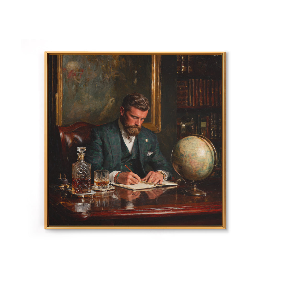 Bearded Gentleman Journaling In Moody Library Framed Canvas Print, Dark Academia Wall Art, Office Decor, Gift For Him, Masculine Decor