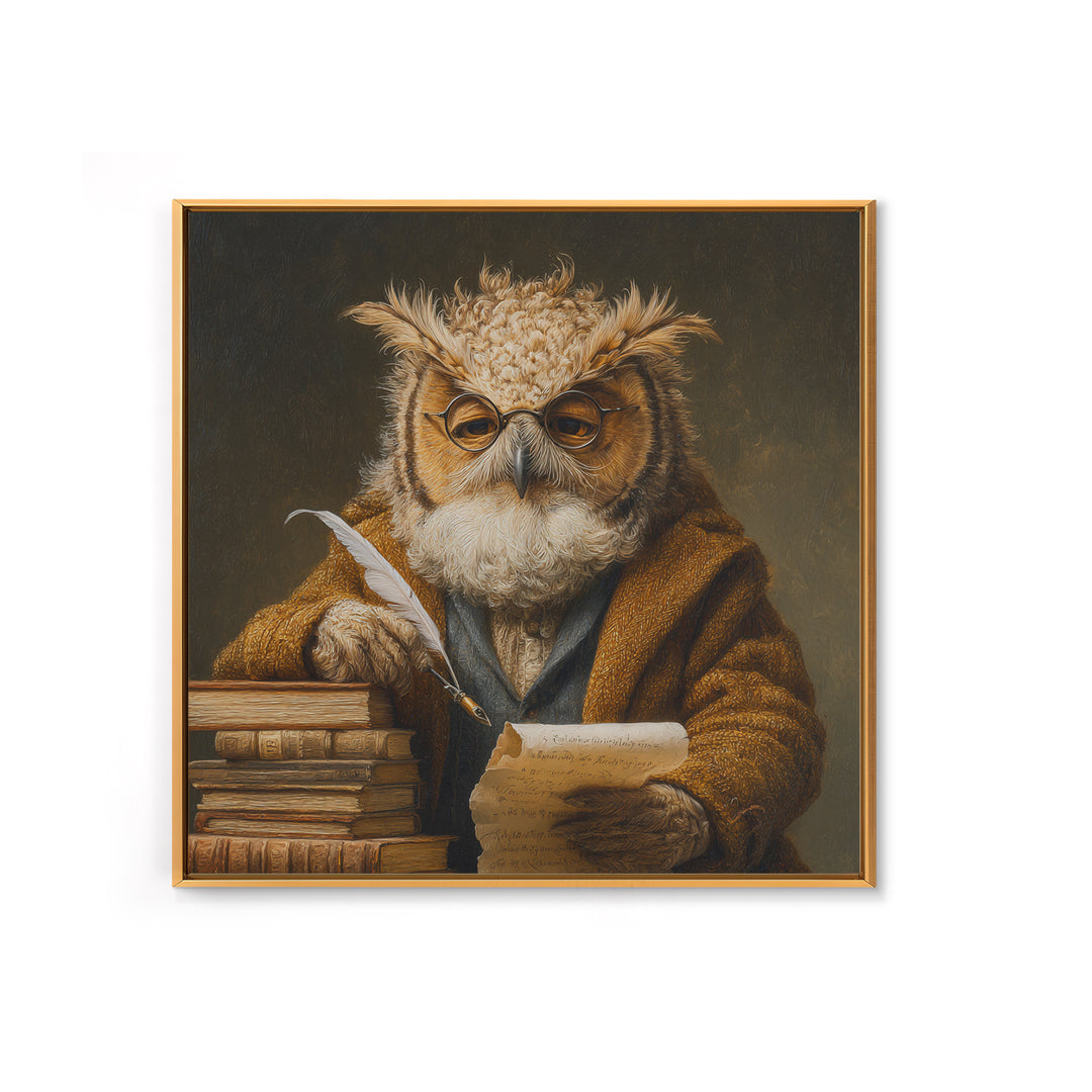 Whimsical Owl Scholar With Quill And Books Wall Art, Animal Portrait Canvas, Dark Academia Decor, Library Gift, Book Lover Gift