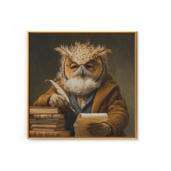 Whimsical Owl Scholar With Quill And Books Wall Art, Animal Portrait Canvas, Dark Academia Decor, Library Gift, Book Lover Gift