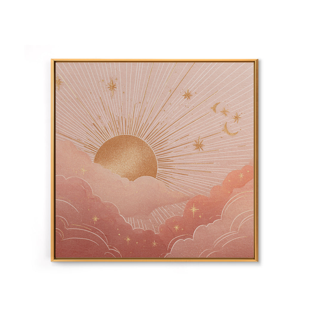 Boho Golden Sun Over Pink Clouds Wall Art, Celestial Sun And Moon Print, Warm Neutral Nursery Decor, Above Bed Decor Gift