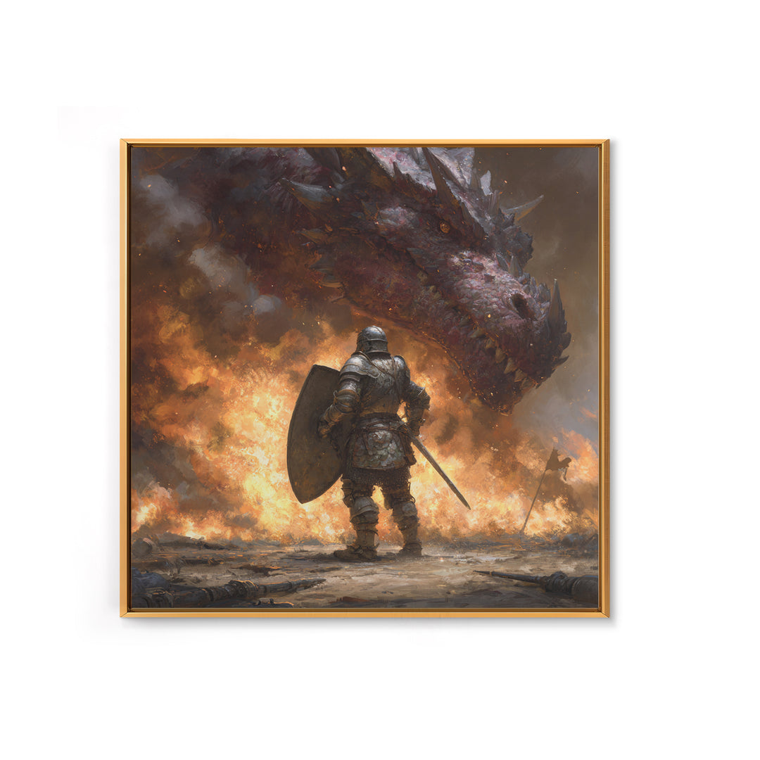 Armored Knight Facing Dragon Framed Canvas Print, Dark Fantasy Wall Art, Medieval Fire Battle Decor, Gamer Gift For Him, Dragon Art
