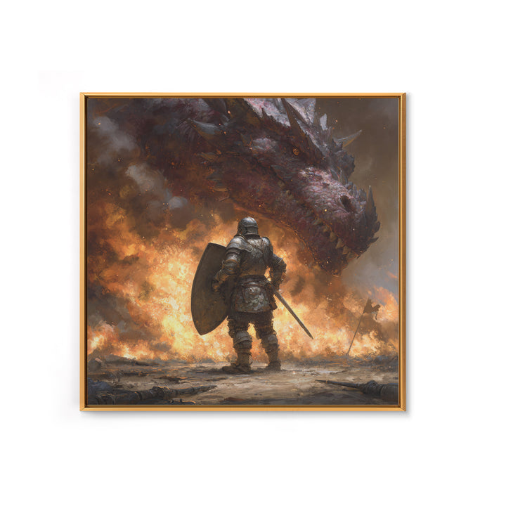 Armored Knight Facing Dragon Framed Canvas Print, Dark Fantasy Wall Art, Medieval Fire Battle Decor, Gamer Gift For Him, Dragon Art