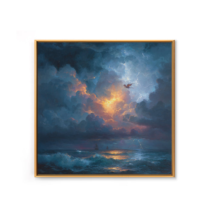 Stormy Ocean Dragon Seascape Canvas Print, Moody Coastal Wall Art, Dark Fantasy Landscape, Nautical Decor Gift For Him, Storm Art