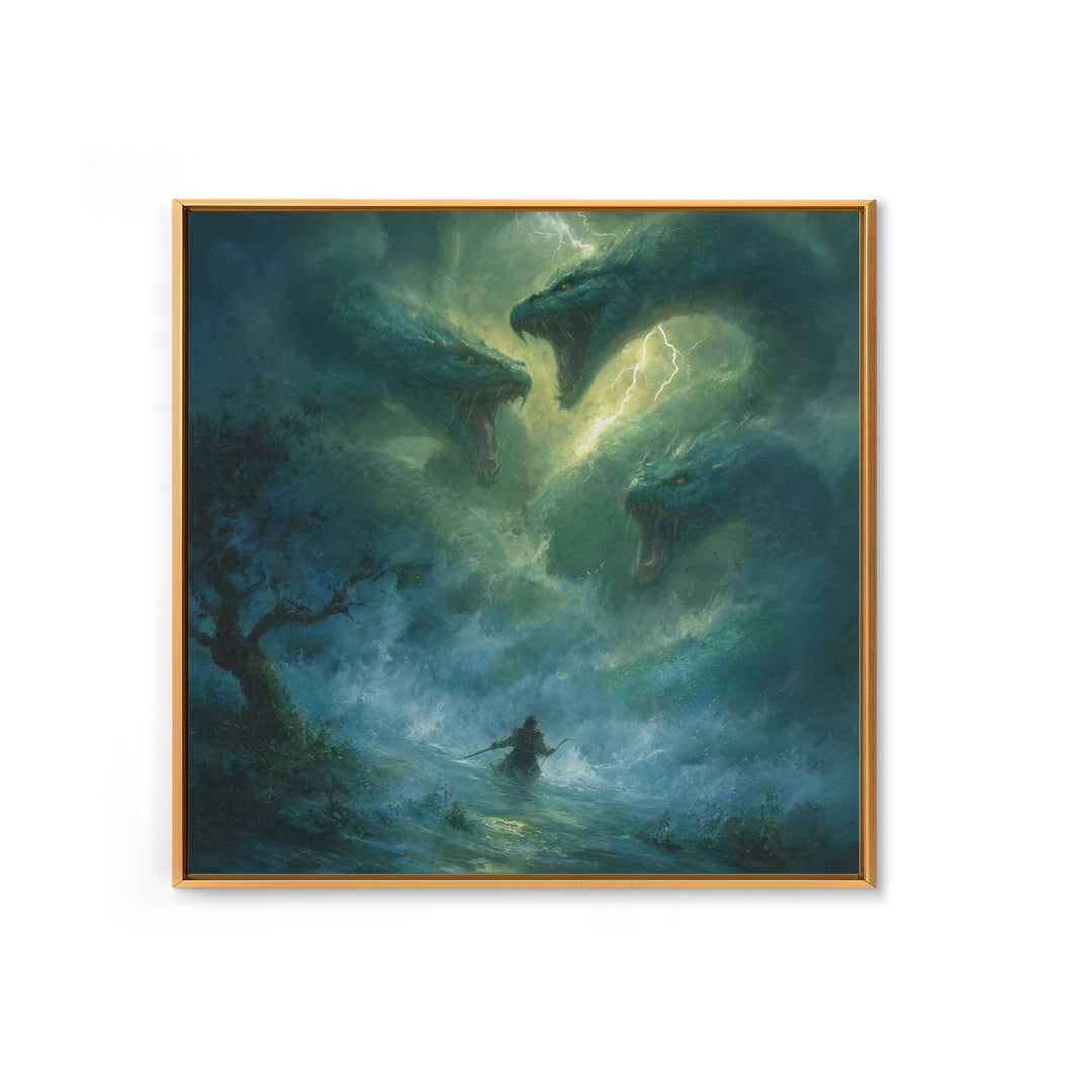 Three Headed Sea Serpent Storm Wall Art, Dark Fantasy Canvas Print, Mythical Creature Decor, Dragon Art Gift For Him, Epic Battle