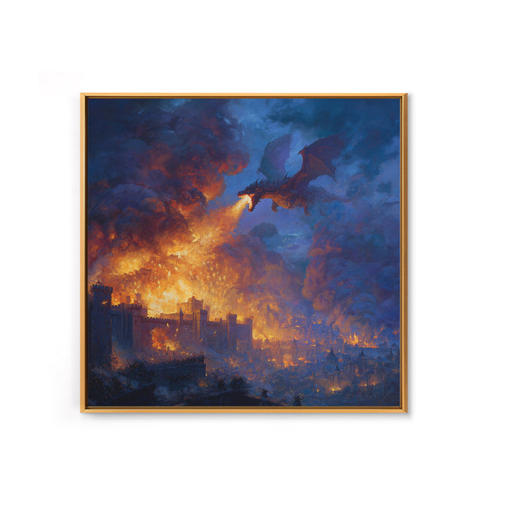 Fire Breathing Dragon Over Burning City Wall Art, Dark Fantasy Canvas Print, Medieval Castle Decor, Epic Gamer Gift For Him