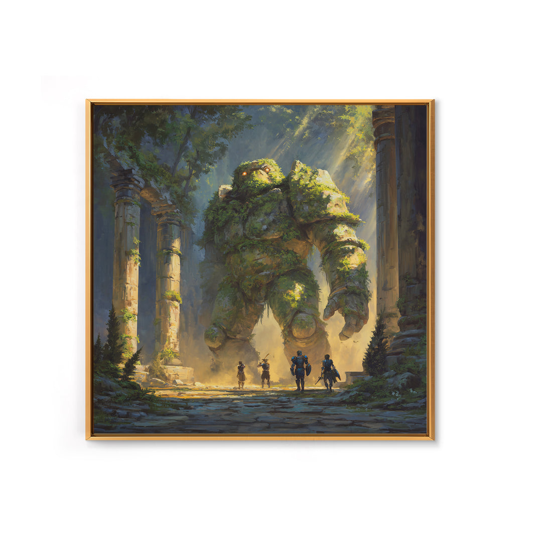 Moss Covered Forest Golem Ruins Wall Art, Fantasy Canvas Print, Whimsical Adventure Decor, Magical Woodland Artwork For Game Room