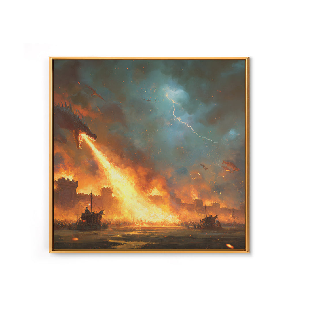 Fire Breathing Dragon Siege Wall Art, Epic Fantasy Canvas Print, Medieval Castle Battle Decor, Dramatic Game Room Artwork