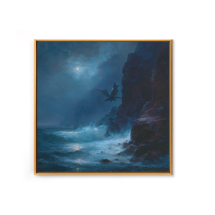 Moonlit Dragon Over Stormy Sea Cliffs Wall Art, Fantasy Seascape Canvas Print, Moody Coastal Decor, Gothic Ocean Artwork
