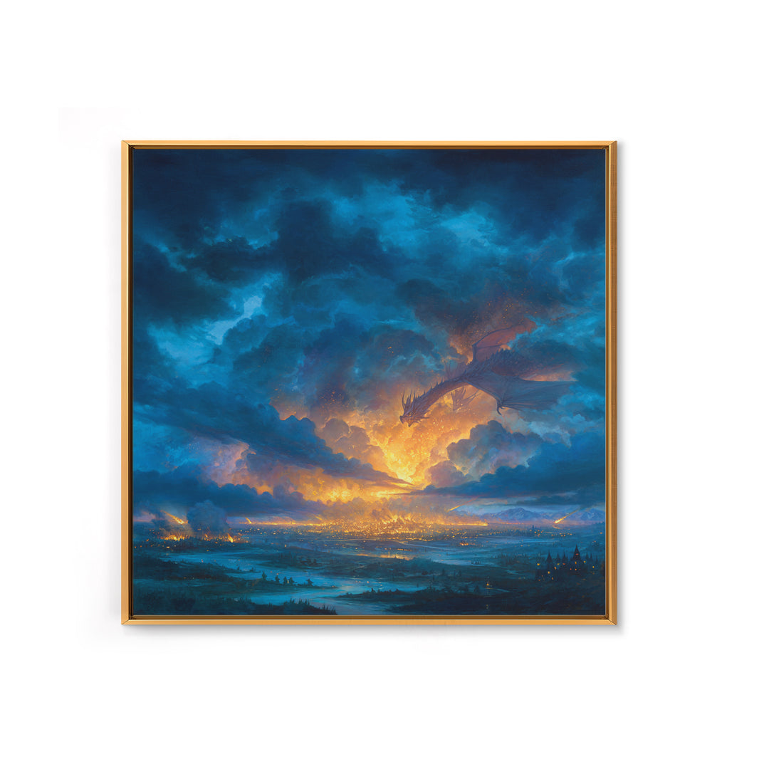Storm Cloud Dragon Above Glowing Kingdom Wall Art, Fantasy Landscape Canvas Print, Dramatic Sky Decor, Epic Castle Artwork