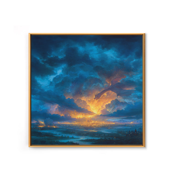 Storm Cloud Dragon Above Glowing Kingdom Wall Art, Fantasy Landscape Canvas Print, Dramatic Sky Decor, Epic Castle Artwork