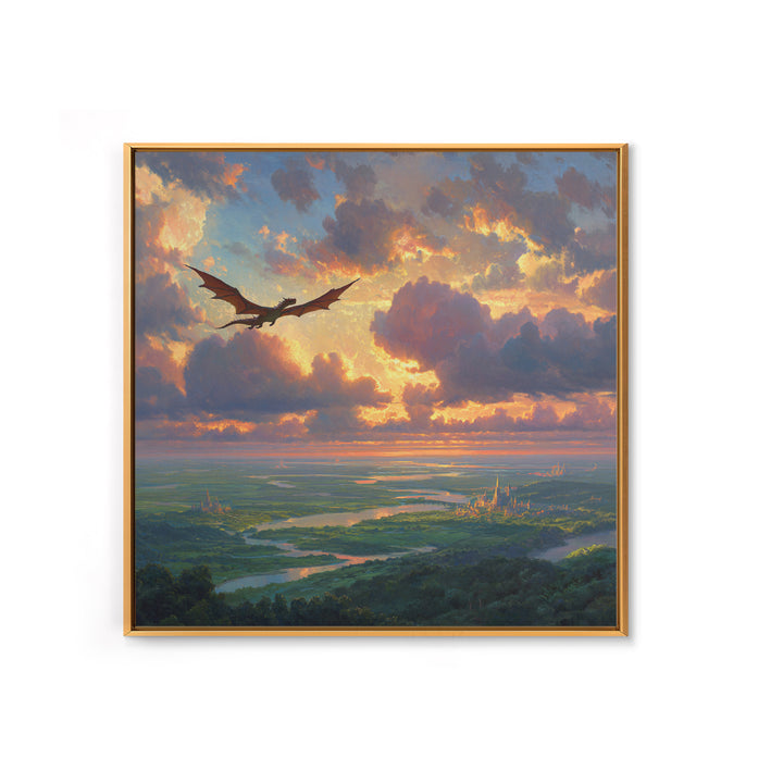 Soaring Dragon Sunset Valley Wall Art, Fantasy Landscape Canvas Print, Castle Kingdom Decor, Dreamy Adventure Artwork For Living Room