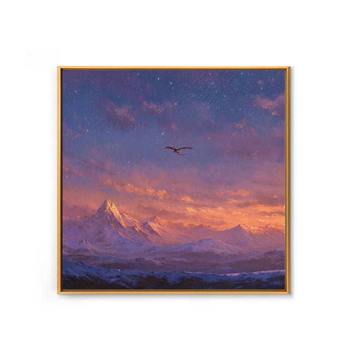 Starry Mountain Dragon Flight Wall Art, Fantasy Canvas Print, Snowy Alpine Landscape Decor, Celestial Adventure Artwork For Bedroom