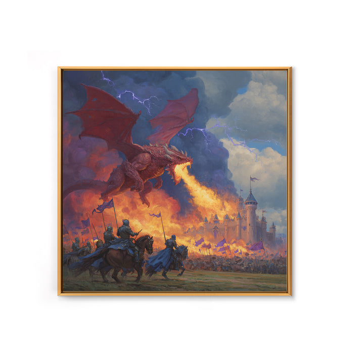 Red Dragon Castle Siege Wall Art, Epic Fantasy Framed Canvas Print, Medieval Battle Decor, Knight Adventure Game Room Artwork