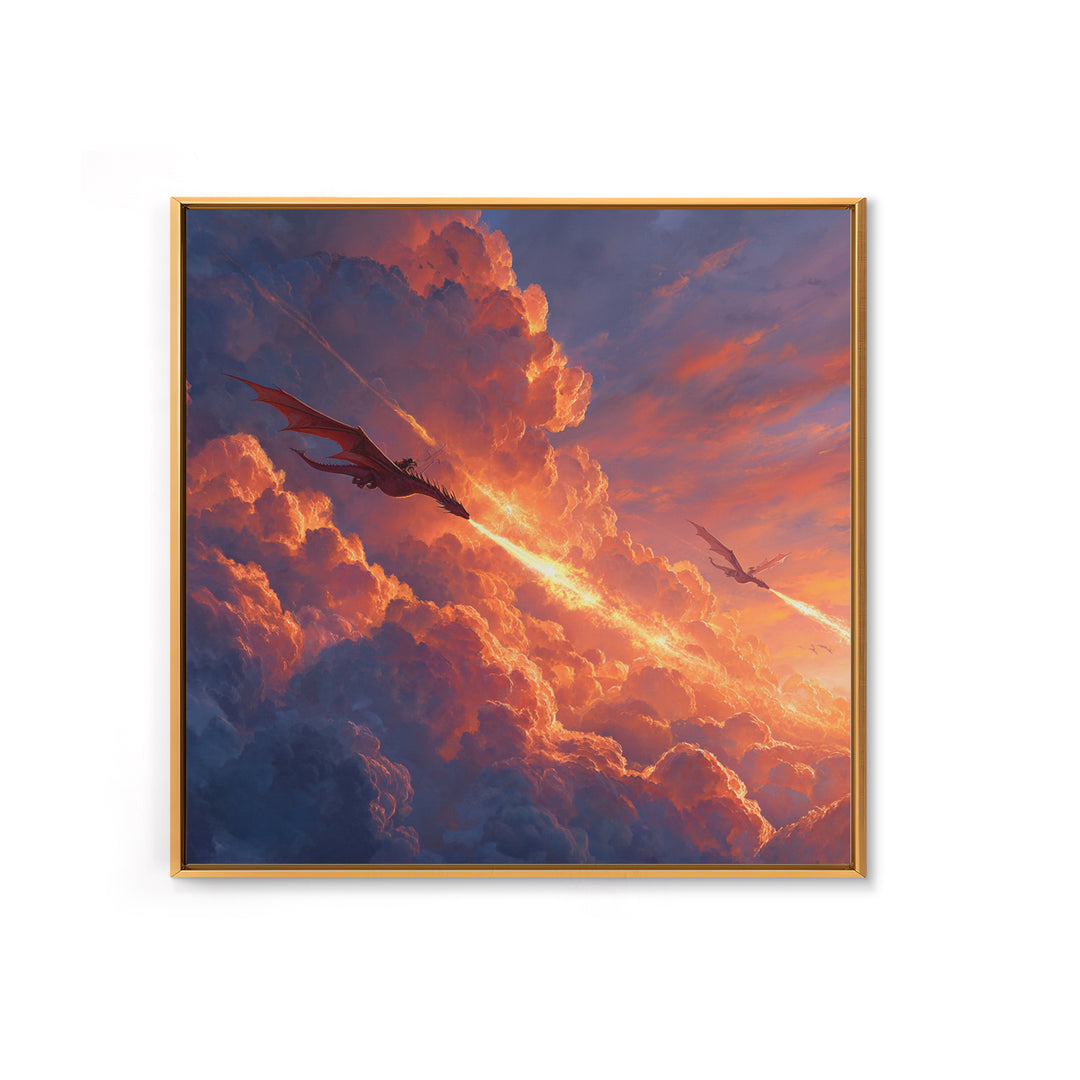 Dragons Blazing Through Sunset Clouds Wall Art, Fantasy Canvas Print, Fiery Sky Decor, Epic Mythical Adventure Artwork For Office