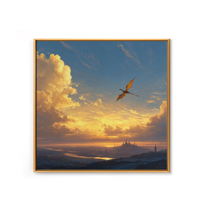 Lone Dragon Over Golden Horizon Wall Art, Fantasy Landscape Canvas Print, Sunset Castle Decor, Serene Coastal Artwork For Living Room
