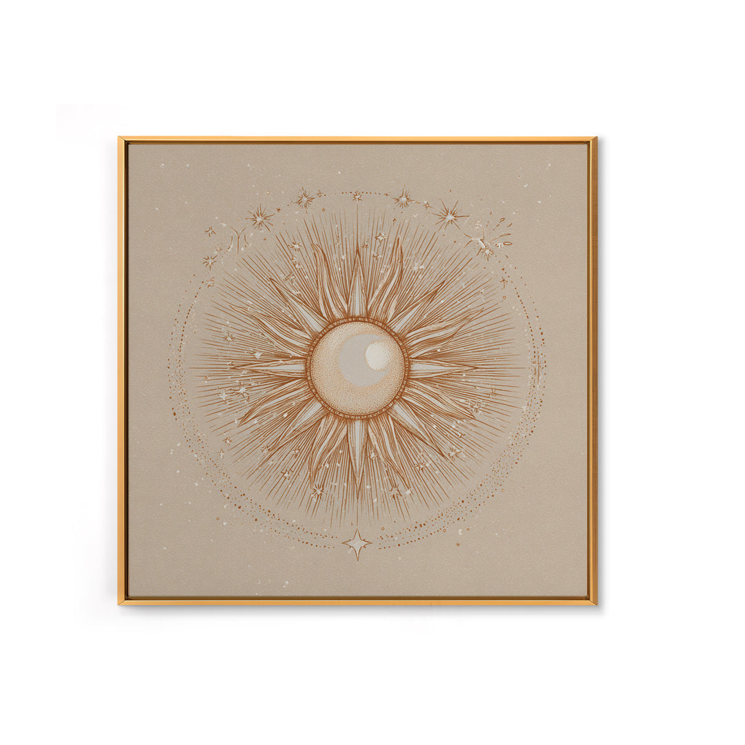 Celestial Sunburst Moon Line Art Framed Canvas Print, Neutral Boho Wall Art, Mystical Minimalist Bedroom Decor, Above Bed Decor