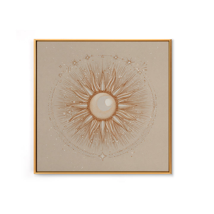 Celestial Sunburst Moon Line Art Framed Canvas Print, Neutral Boho Wall Art, Mystical Minimalist Bedroom Decor, Above Bed Decor