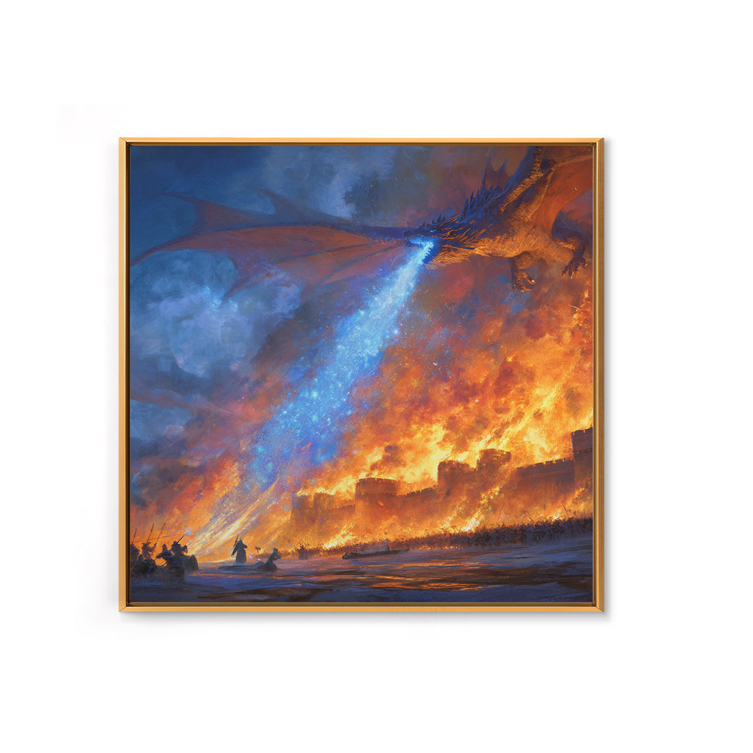 Blue Fire Dragon Siege Wall Art, Epic Fantasy Canvas Print, Medieval Castle Battle Decor, Large Gamer Room Wall Decor Gift For Him