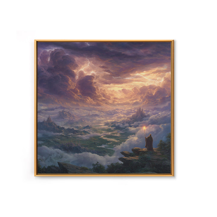 Storm Wizard Over Cloud Kingdom Wall Art, Epic Fantasy Landscape Canvas Print, Dark Academia Office Decor, Large Gift For Him