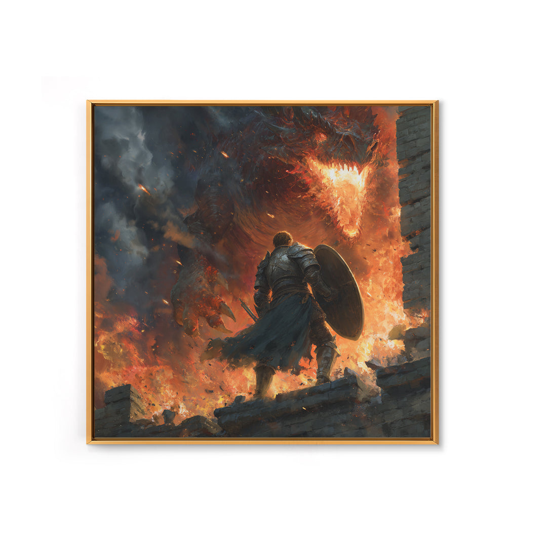 Knight Facing Fire Dragon Wall Art, Dark Fantasy Canvas Print, Medieval Battle Decor, Large Gothic Gamer Room Gift For Him