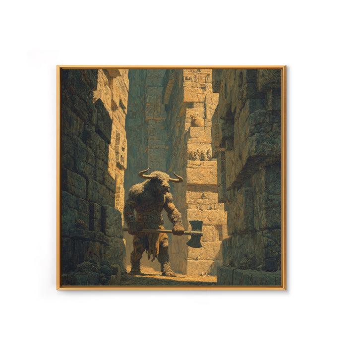 Minotaur In Ancient Stone Alley Wall Art, Mythological Fantasy Canvas Print, Rustic Medieval Decor, Man Cave Gift For Him
