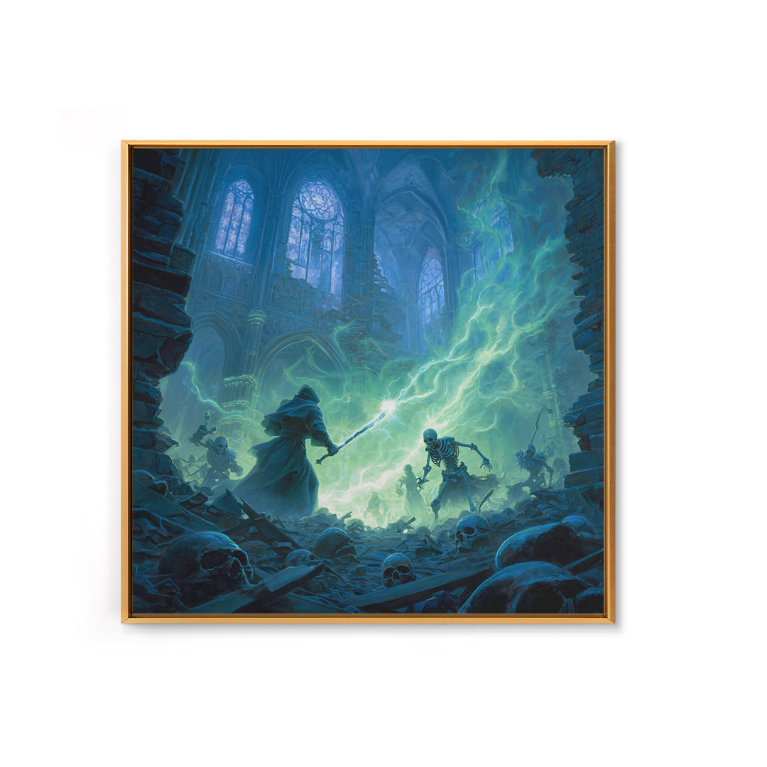 Wizard Versus Skeleton Army Wall Art, Gothic Fantasy Canvas Print, Dark Cathedral Magic Decor, Spooky Halloween Gift For Him