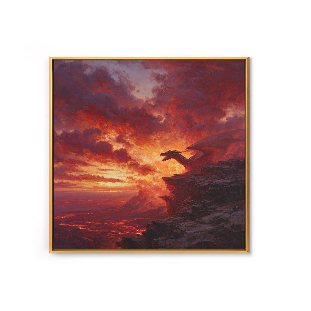 Red Dragon At Volcanic Sunset Wall Art, Dark Fantasy Canvas Print, Lava Landscape Decor, Large Moody Gamer Room Gift For Him