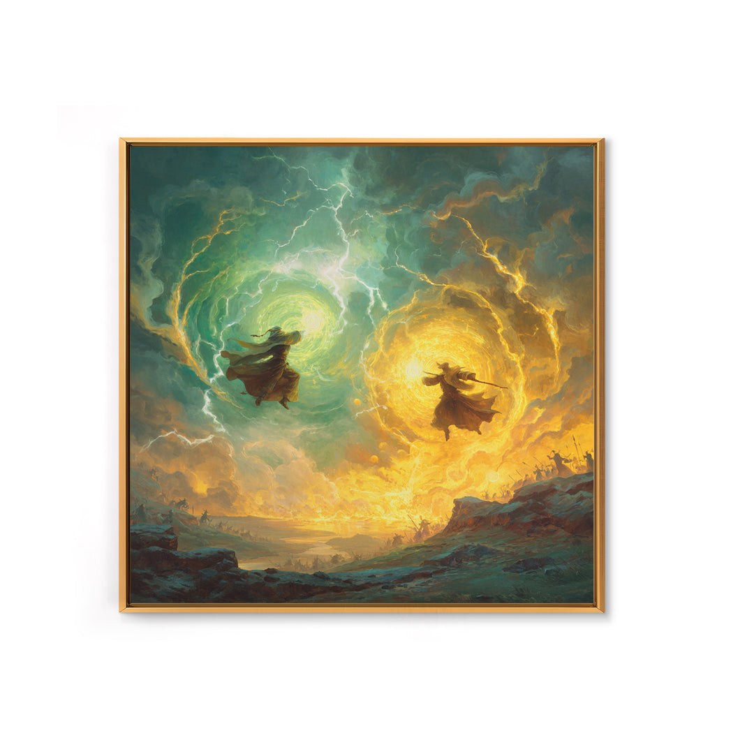 Dueling Mages With Lightning Portals Wall Art, Epic Fantasy Canvas Print, Magical Landscape Decor, Large Gamer Room Gift For Him