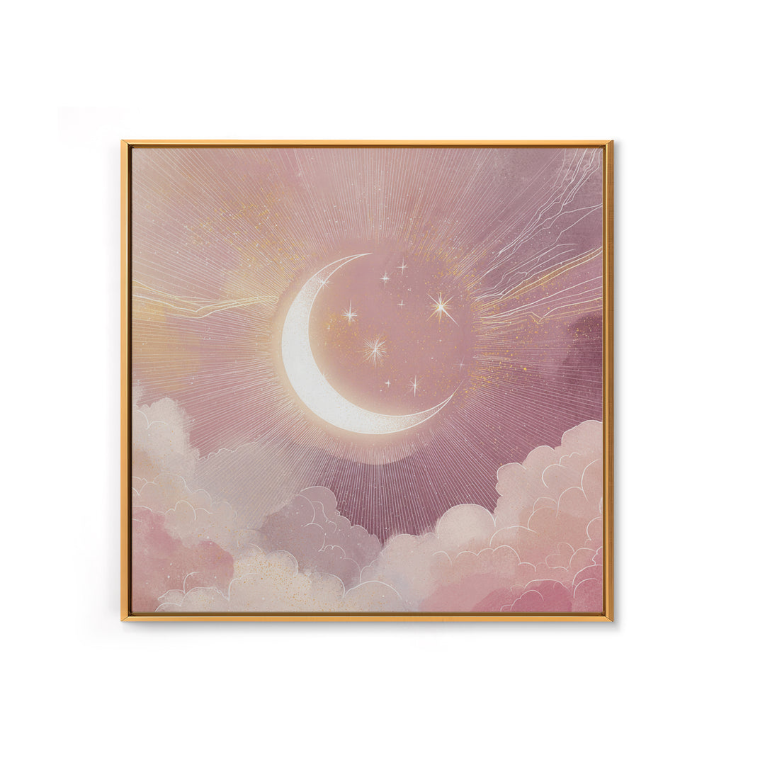 Crescent Moon In Pink Clouds With Stars Wall Art, Celestial Nursery Decor, Mystical Pastel Bedroom Print, Boho Moon Gift