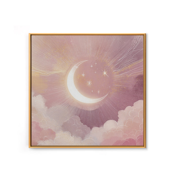 Crescent Moon In Pink Clouds With Stars Wall Art, Celestial Nursery Decor, Mystical Pastel Bedroom Print, Boho Moon Gift