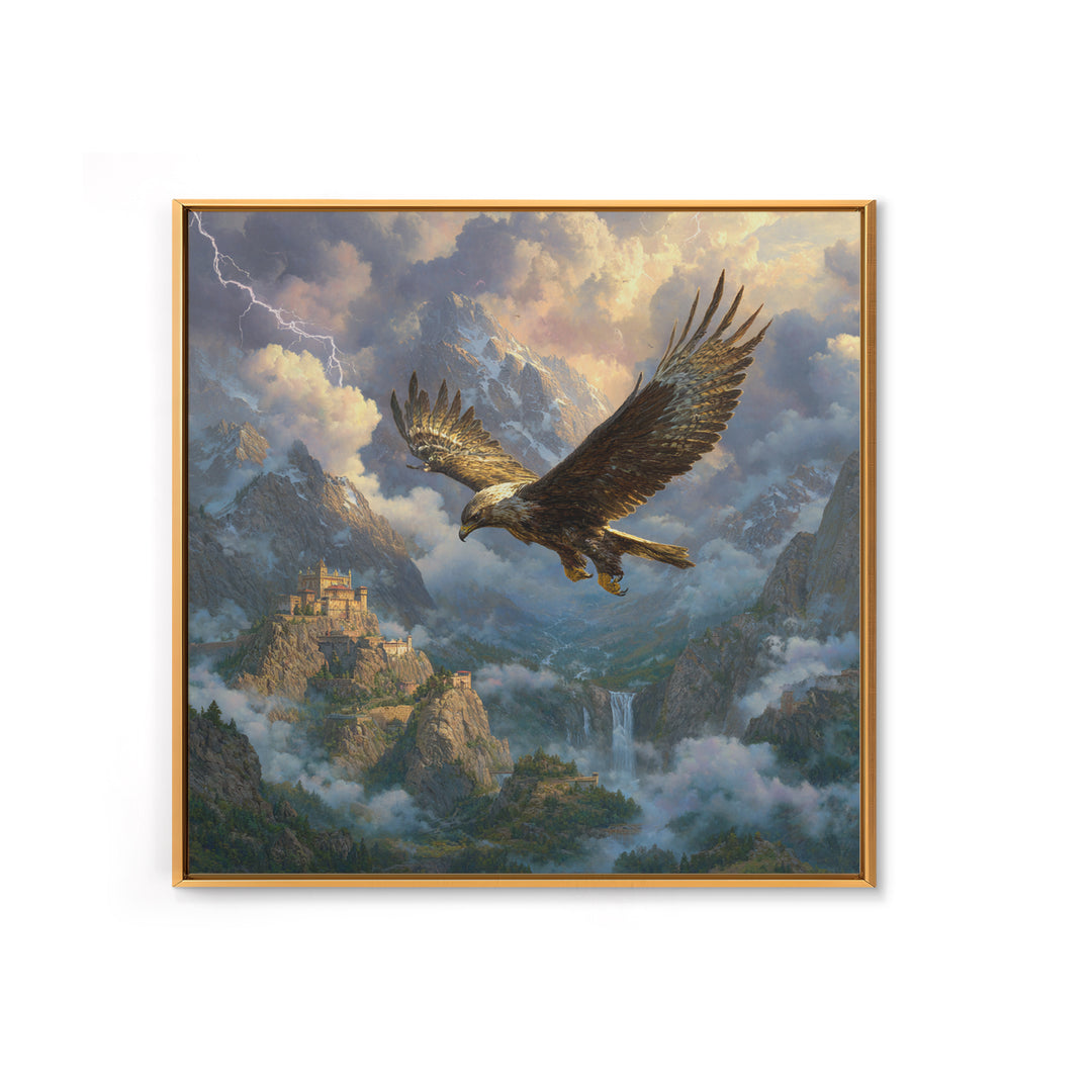 Soaring Eagle Over Stormy Mountain Castle Wall Art, Fantasy Landscape Canvas, Dramatic Wildlife Decor, Epic Gift For Him