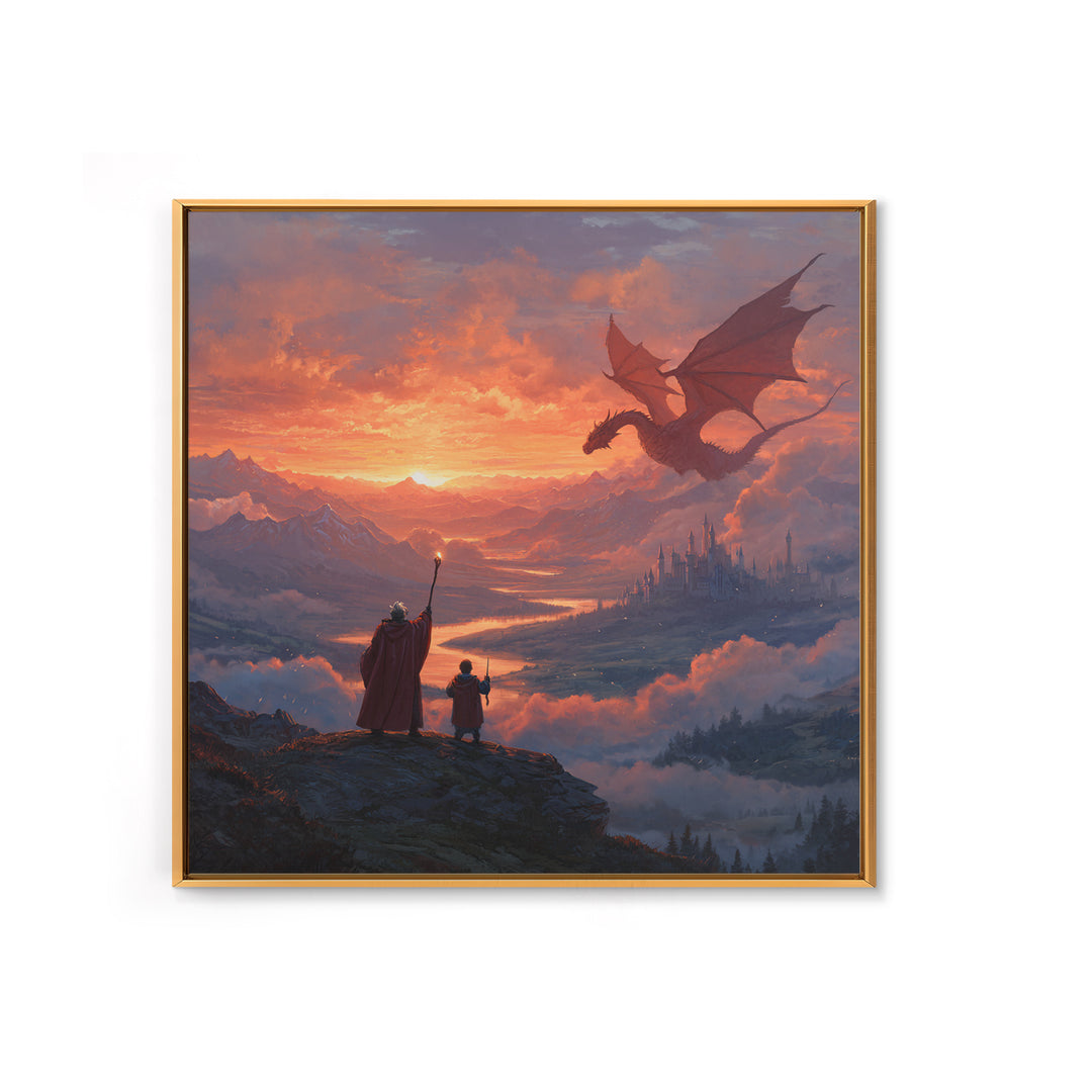 Sunset Dragon Over Mountain Valley Framed Canvas Print, Fantasy Castle Wall Art, Wizard Adventure Decor, Epic Gift For Him