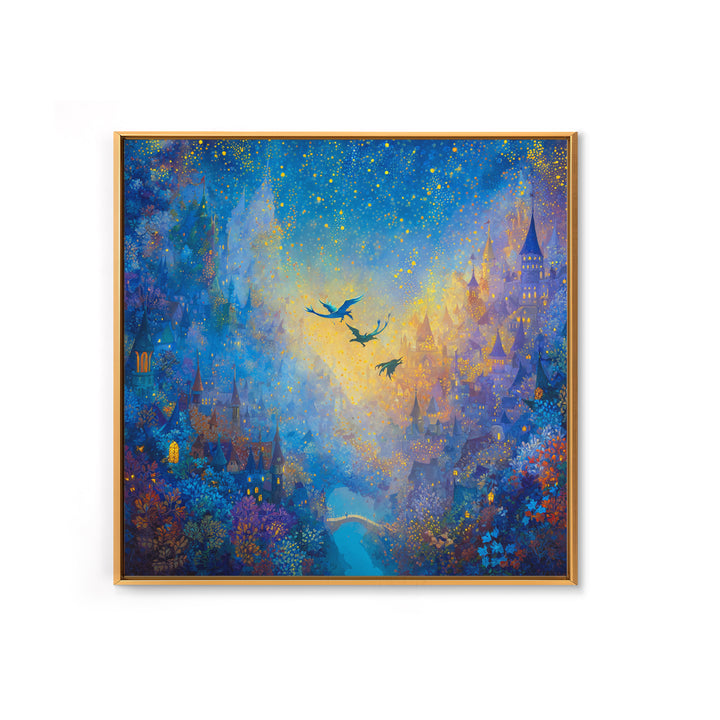 Blue Enchanted City With Golden Stars Canvas Print, Whimsical Fairy Tale Wall Art, Fantasy Castle Decor, Magical Gift For Her