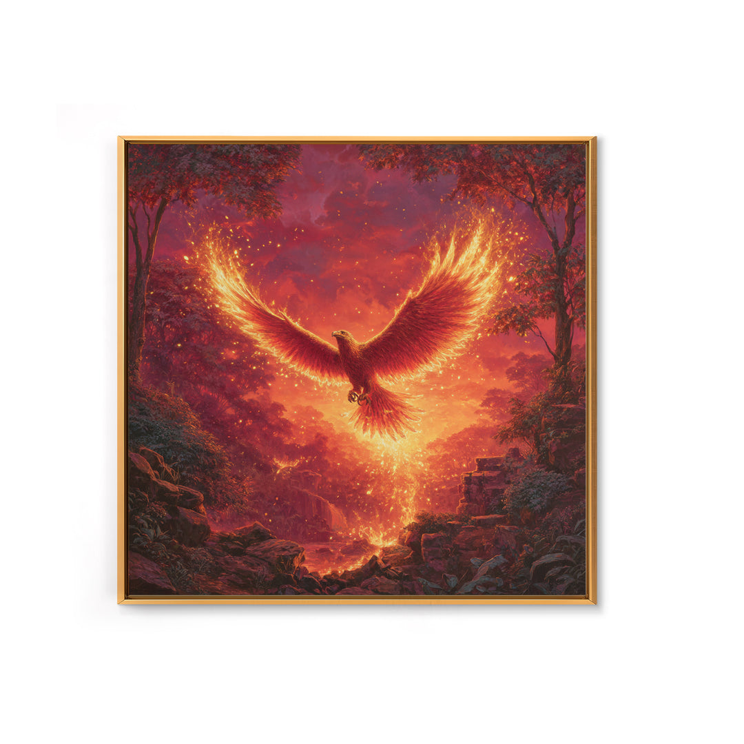 Fiery Phoenix Rising In Red Forest Canvas Print, Mythical Bird Wall Art, Epic Fantasy Wildlife Decor, Dramatic Gift For Her