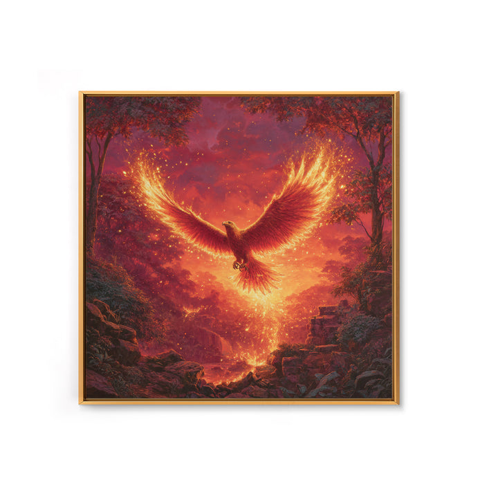 Fiery Phoenix Rising In Red Forest Canvas Print, Mythical Bird Wall Art, Epic Fantasy Wildlife Decor, Dramatic Gift For Her