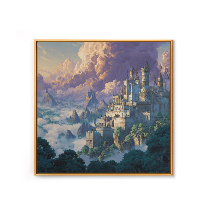 Majestic White Castle Above Clouded Mountains Wall Art, Fantasy Landscape Canvas Print, Fairytale Home Decor Gift For Her