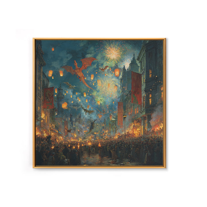 Dragon Festival Over Lantern Lit Medieval City Canvas Print, Fantasy Celebration Wall Art, Fireworks Decor, Epic Gift For Him