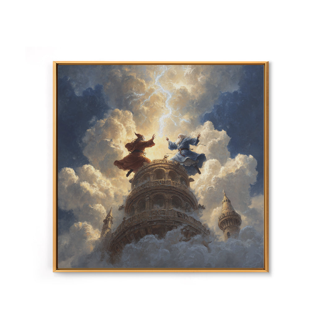 Wizards Dueling Atop Tower In Storm Clouds Wall Art, Dark Fantasy Canvas Print, Lightning Magic Decor, Epic Gift For Him