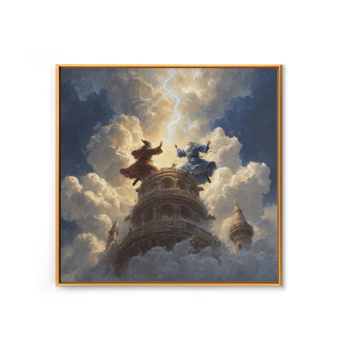 Wizards Dueling Atop Tower In Storm Clouds Wall Art, Dark Fantasy Canvas Print, Lightning Magic Decor, Epic Gift For Him
