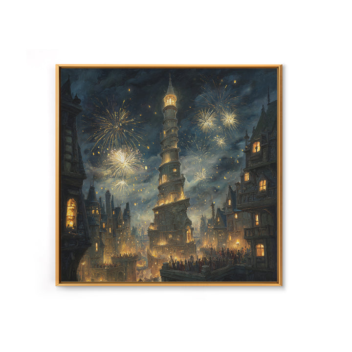 Fireworks Over Leaning Fantasy Tower Framed Canvas Print, Medieval Magical City Wall Art, Night Festival Decor, Gift For Her