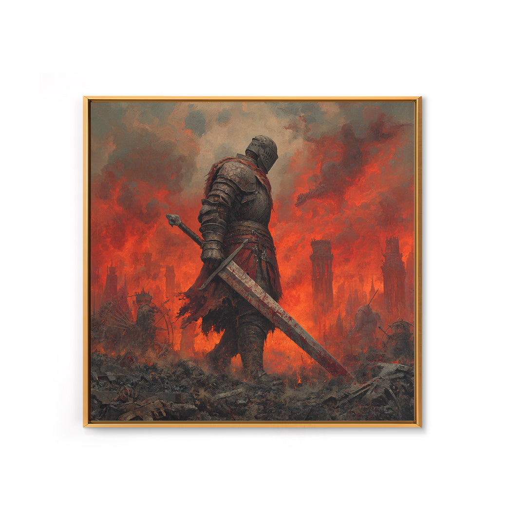 Armored Knight In Burning Battlefield Wall Art, Dark Fantasy Canvas Print, Medieval Warrior Decor, Gothic Game Room Art Print