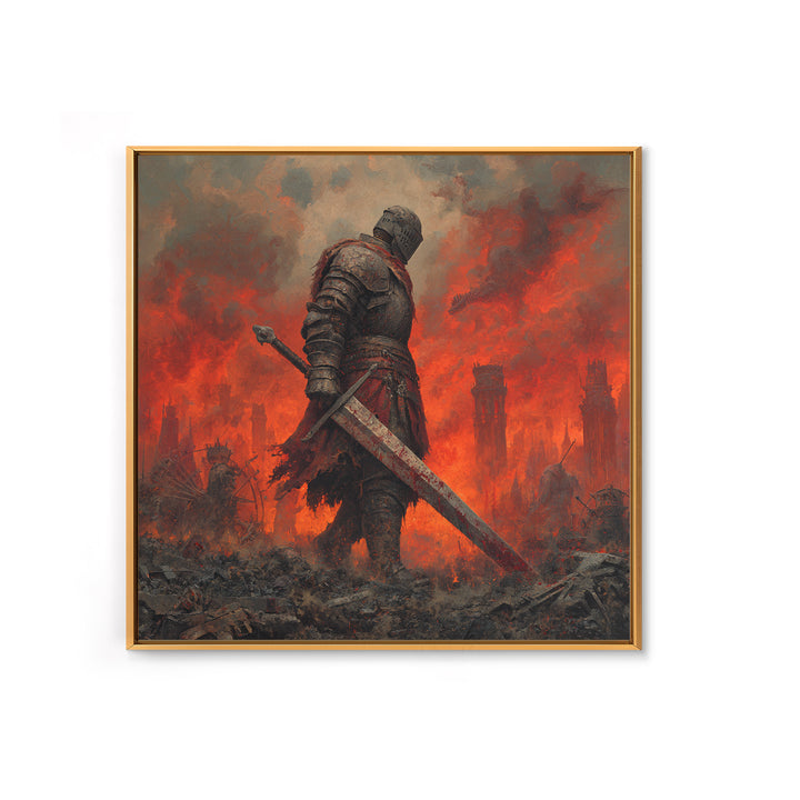 Armored Knight In Burning Battlefield Wall Art, Dark Fantasy Canvas Print, Medieval Warrior Decor, Gothic Game Room Art Print