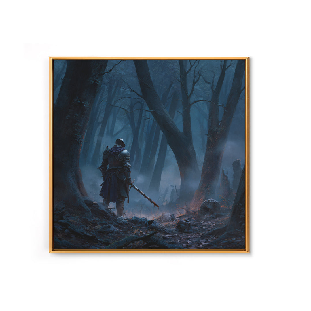 Lone Knight In Misty Blue Forest Wall Art, Dark Fantasy Canvas Print, Medieval Warrior Decor, Gothic Office Art Print Gift