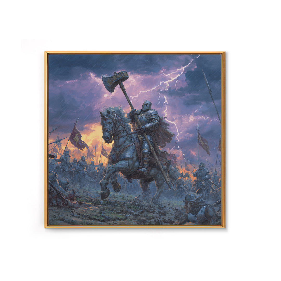 Mounted Knight With War Axe Wall Art, Medieval Battle Canvas Print, Stormy Fantasy Decor, Gothic Warrior Gift For Him Print