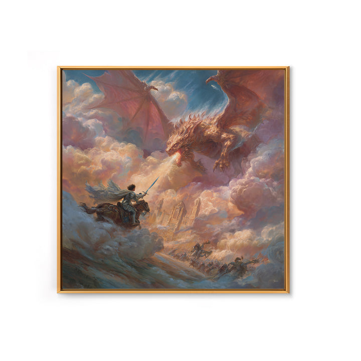 Hero Knight Facing Twin Dragons Wall Art, Epic Fantasy Canvas Print, Dragon Battle Decor, Medieval Adventure Gift For Him
