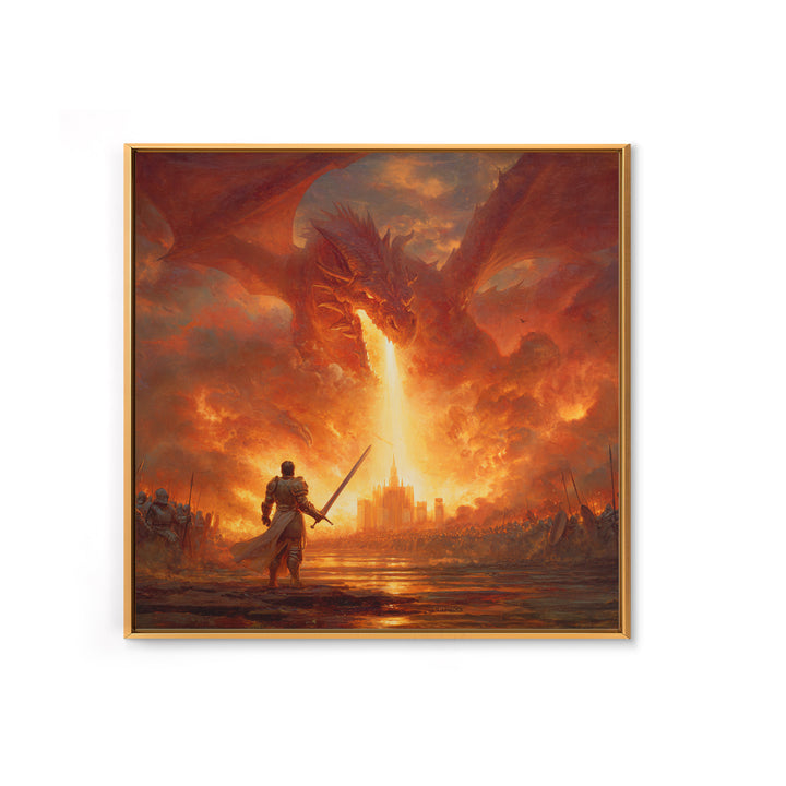 Giant Fire Dragon Over Castle Wall Art, Epic Fantasy Canvas Print, Large Medieval Battle Decor, Dragon Lover Gift For Him