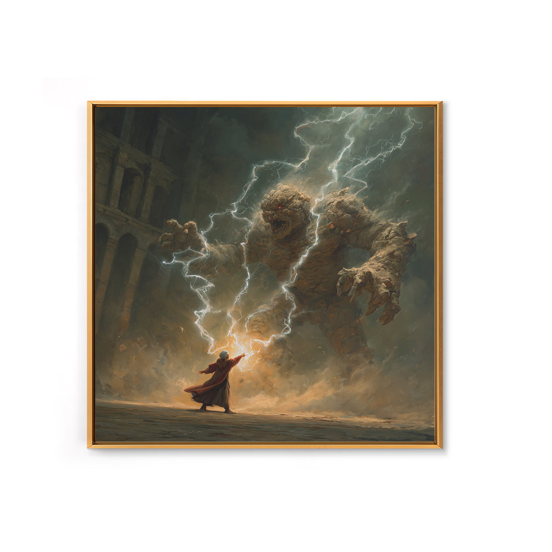 Wizard Battling Lightning Stone Golem Wall Art, Dark Fantasy Canvas Print, Magic Ruins Decor, Epic Sorcerer Art Gift Print