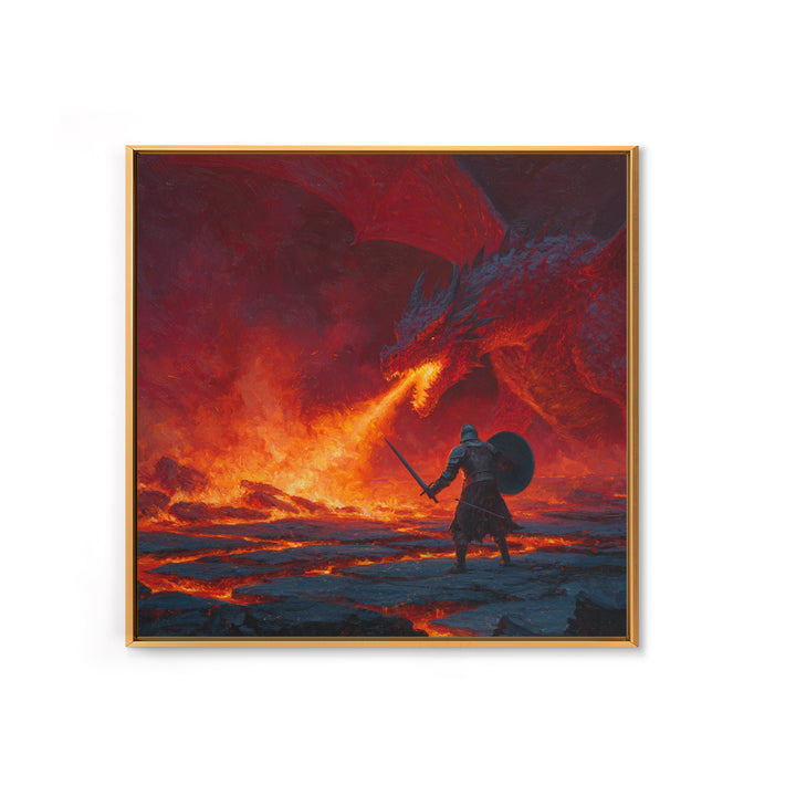 Red Dragon Breathing Fire At Knight Wall Art, Dark Fantasy Canvas Print, Lava Battle Decor, Gothic Medieval Art Gift Print