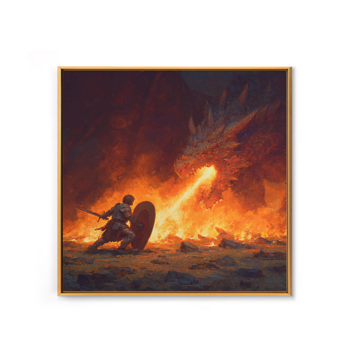 Knight Shielding From Dragon Fire Wall Art, Fantasy Canvas Print, Medieval Battle Decor, Gothic Warrior Gift For Him Print